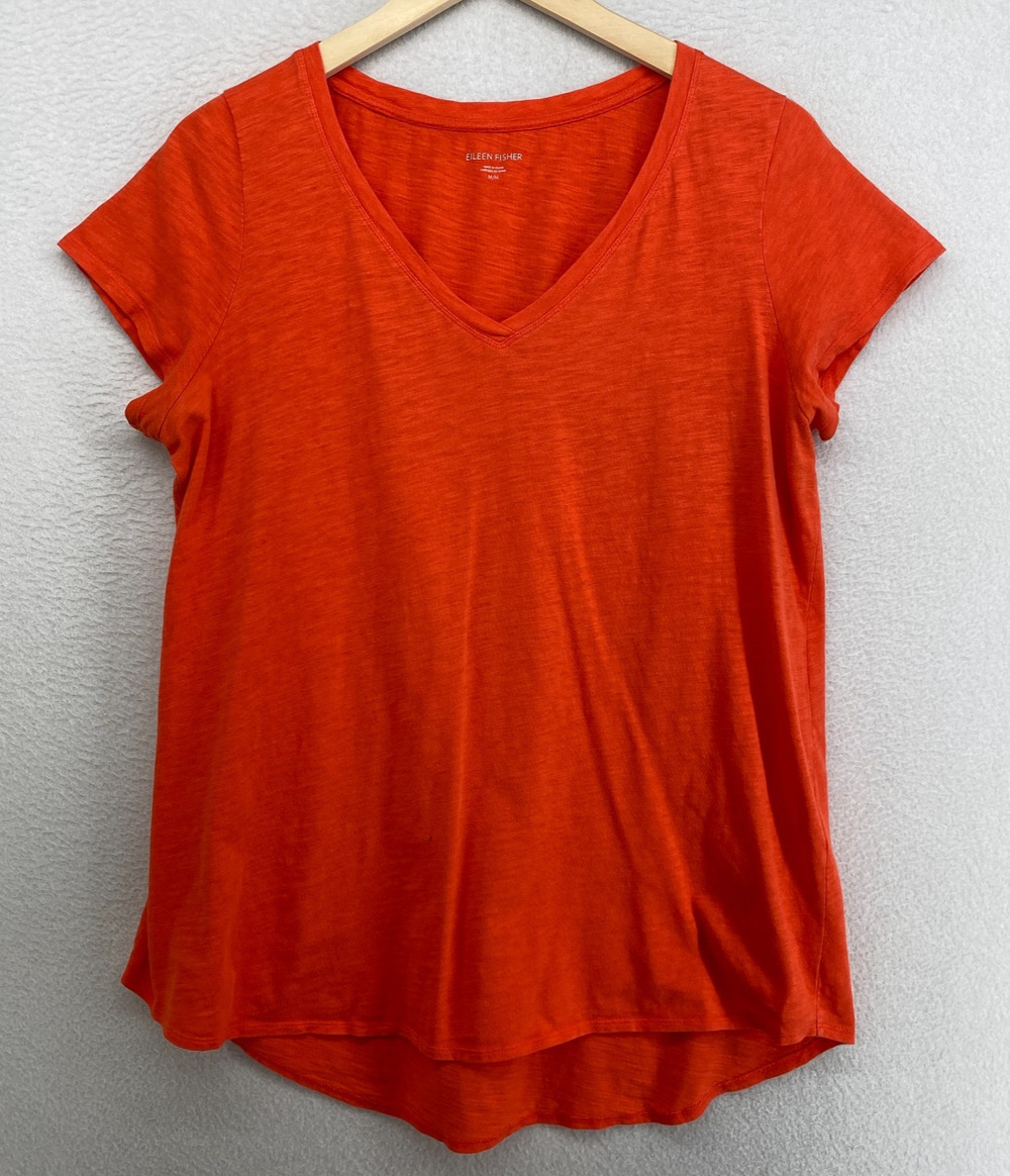 EILEEN FISHER Top M Slub Organic Cotton Jersey V-Neck Short Sleeve Coral Red